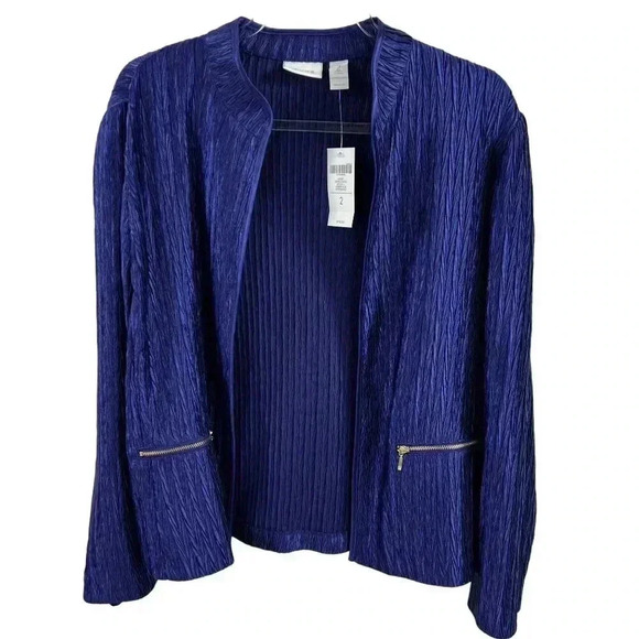 Chicos 2 Lg NWT Crinkle Shine Carbon Blue Jacket MSRP 119.00 Blazer Careerwear - Picture 1 of 16